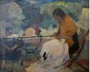 Femme Brodant Dans Un Jardin by Abel Bertram