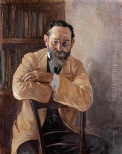 Portrait D'homme Assis Devant Une Bibliotheque