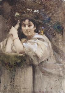 Portrait De Jeune Femme Aux Papillons Coiffee D'une Plume De Paon by Paul Albert Besnard