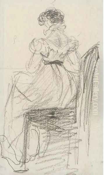 A young lady, seated on a chair, seen from the back - view 1
