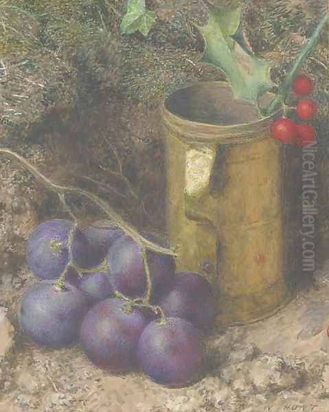 Still life of grapes, a tankard and a sprig of holly - view 1