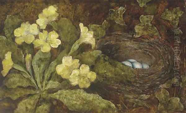 A primula and a bird's nest on a mossy bank by William Henry Hunt
