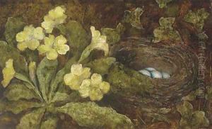 A primula and a bird's nest on a mossy bank by William Henry Hunt