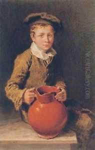 Portrait of one of the Swain brothers holding a pitcher