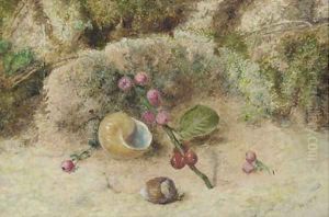 Still life of a shell and berries on a mossy bank by William Henry Hunt