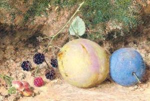 Still-life of rosehips, blackberries and plums, on a mossy bank by William Henry Hunt