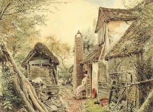 A woman sewing in a cottage garden, Edgware