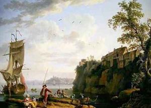 Fishermen by a Moored Vessel with a Village by Jakob Philippe Hackert