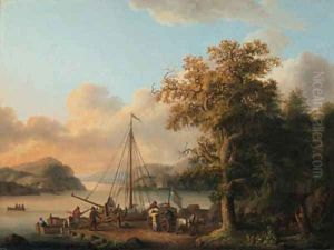A Swedish river landscape with peasants unloading a boat by Jakob Philippe Hackert