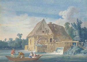 The water mill at Ivry with fishermen on a boat in the foreground