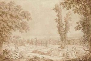 A view of the Gulf of Pozzuoli with two shepherdesses dancing to a tambourine by Jakob Philippe Hackert