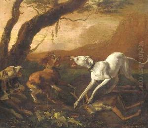 Dogs fighting ovar a dead stag in a landscape