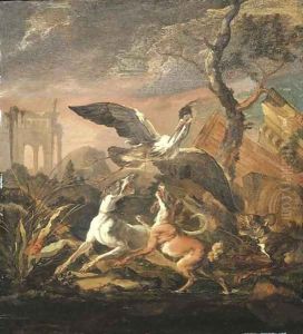 An evening landscape with dogs flushing a heron among Italianate ruins by Abraham Danielsz. Hondius