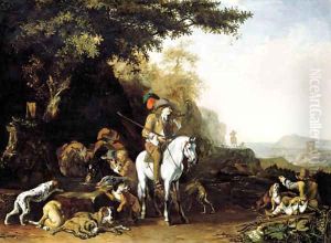An extensive landscape with a hunting party resting by a water trough and a sportsman shooting by Abraham Danielsz. Hondius