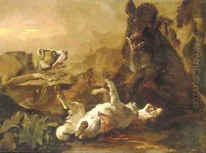 Dogs attacking a boar in a landscape by Abraham Danielsz. Hondius