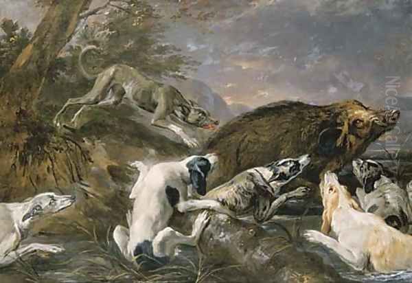 Hounds attacking a boar in a river landscape - view 1