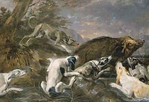 Hounds attacking a boar in a river landscape by Abraham Danielsz. Hondius