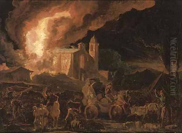 Soldiers sacking a burning monastry - view 1