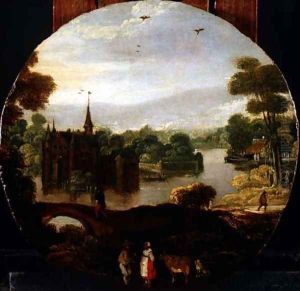 A wooded river landscape with a castle and travellers conversing by Tobias van Haecht (see Verhaecht)