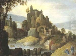 An Alpine river landscape with a clifftop castle and a village, two pilgrims in the foreground