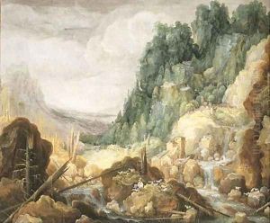 A mountainous river landscape with a goatherder resting on a rock, a watermill and a waterfall beyond by Tobias van Haecht (see Verhaecht)