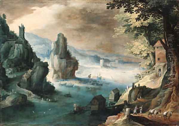 An estuary with travellers on a path before a house, a harbor beyond - view 1