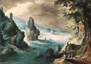 An estuary with travellers on a path before a house, a harbor beyond by Tobias van Haecht (see Verhaecht)