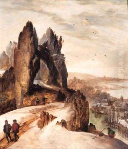 Peasants on a track in a mountainous winter landscape by Tobias van Haecht (see Verhaecht)