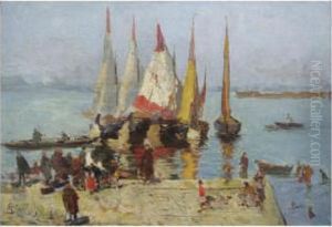 Sailing Boats On The Lagoon, Venice by Mose Bianchi
