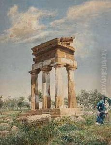 Romische Tempelruine Mit Personenstaffage. by Mose Bianchi