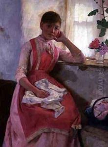 Portrait of a girl in a pink apron by Edwin Harris