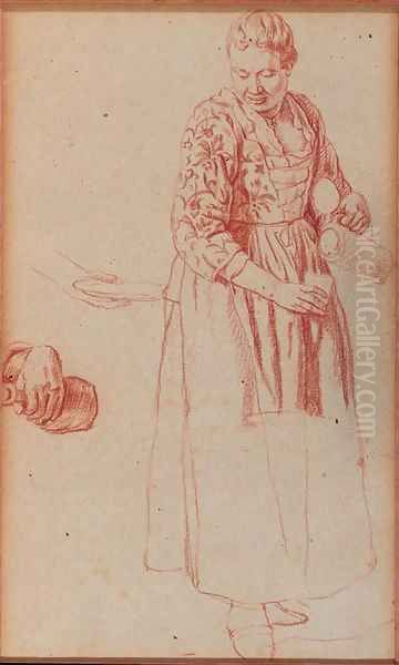 A woman pouring a glass from a pitcher, and subsidiary studies of her hands holding a plate and a bottle - view 1