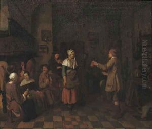 Peasants making music and dancing in an interior by Jan Josef, the Elder Horemans