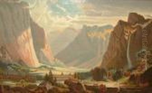 Figures On Horse Back By A River Running Through A Canyonlandscape - view 1