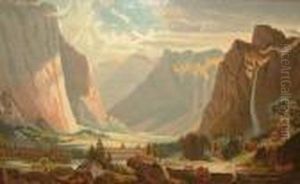 Figures On Horse Back By A River Running Through A Canyonlandscape by Albert Bierstadt
