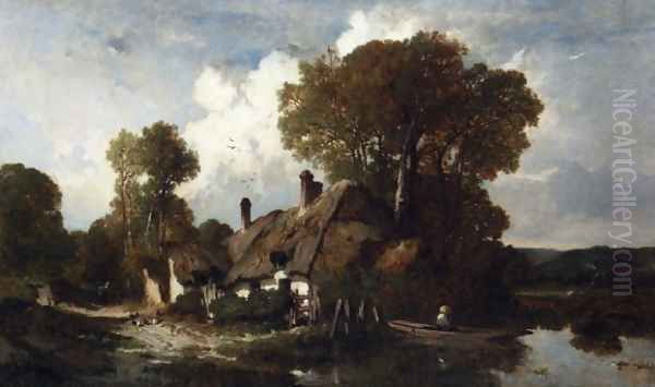 A Man in a Boat by a Cottage in a Wooded River Landscape - view 1