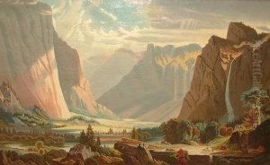 Figures On Horse Back By A River Running Through A Canyon Landscape by Albert Bierstadt