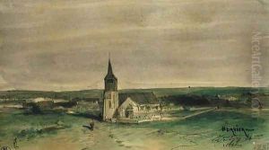 Church and Village in the Middle of a Field Montigny by Louis Adolphe Hervier