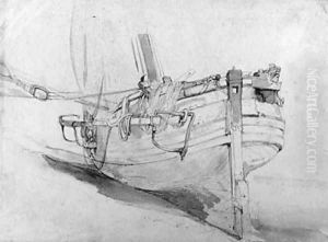 A fishing-boat on the shore by Louis Adolphe Hervier