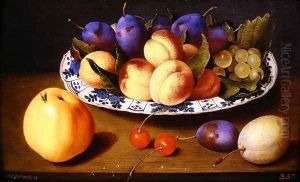 Still life of peaches and plums in a blue and white dish on a table top by Jacob van Hulsdonck