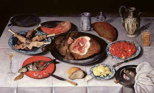 Breakfast piece with a fish ham and cherries by Jacob van Hulsdonck