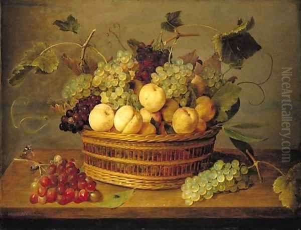 Grapes on the vine and peaches in a basket on a table, with a butterfly, beetle and fly on a wooden ledge - view 1