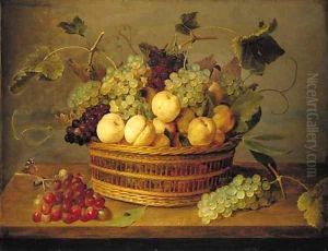 Grapes on the vine and peaches in a basket on a table, with a butterfly, beetle and fly on a wooden ledge by Jacob van Hulsdonck