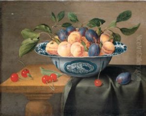 Plums and nectarines in a porcelain bowl with cherries on a partly draped table by Jacob van Hulsdonck
