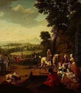 An elegant hawking party resting in a park