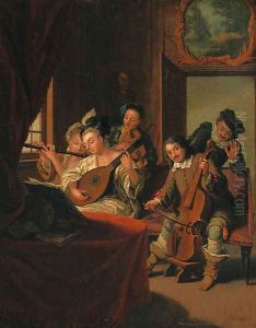 Elegant figures in historical costume, at a music recital by Jan Jozef, the Younger Horemans