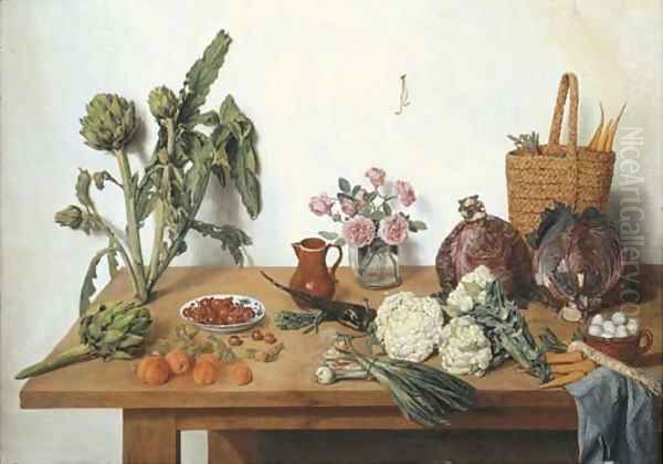 Cauliflower, onions, peaches, cherries, artichokes, roses in a glass vase, a jug, a basket with carrots, cabbages and eggs with a blue cloth - view 1