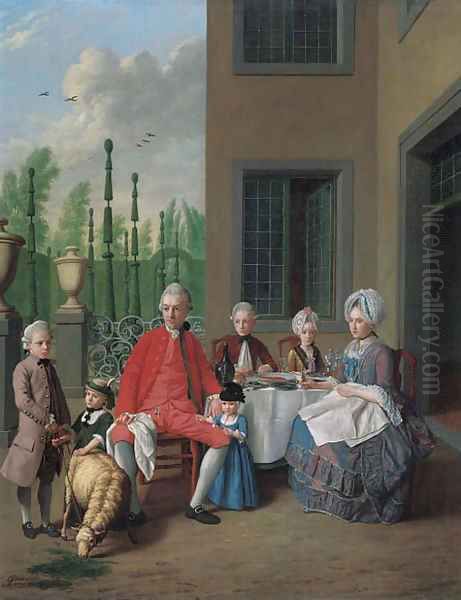 Group portrait of the van den Bosch family, dining by a house, a topiary garden beyond - view 1
