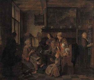A family drinking tea at table in an interior by Jan Jozef, the Younger Horemans