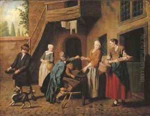 A courtyard in a town with a mussel seller and other figures